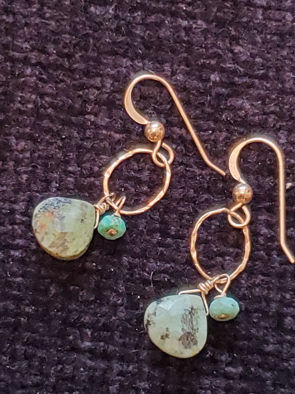 Gold Hoop Earrings with Turquoise Green Stone Drops
